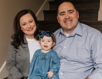 Patient Kristen, her daughter Caroline Grace born after an IVF embryo transfer, and husband Jonathan | Tennessee Reproductive Medicine | Chattanooga